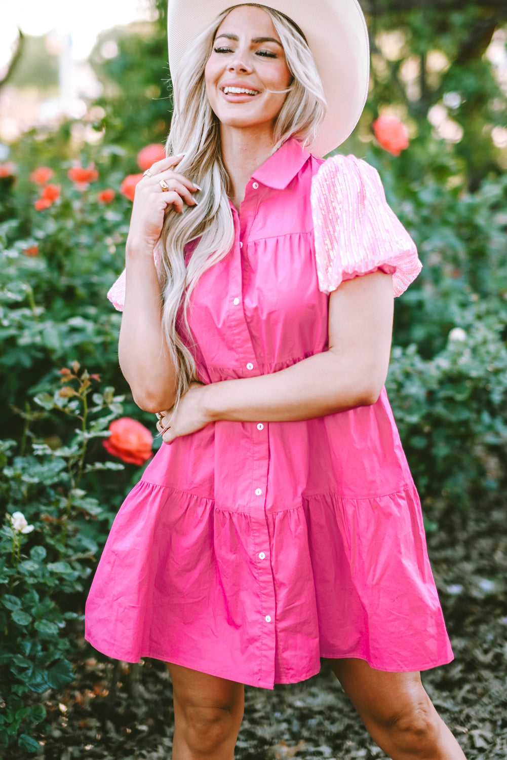 Women's Shirt Dress with Bubble Layered Ruffle-Trimmed