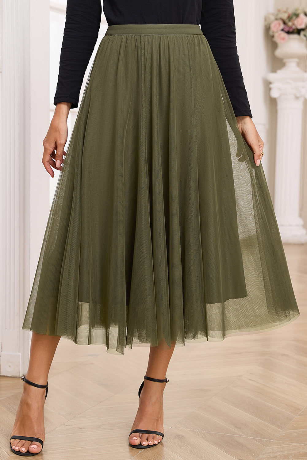 Tulle Mesh Overlay Flared Midi Skirt in Jungle Green