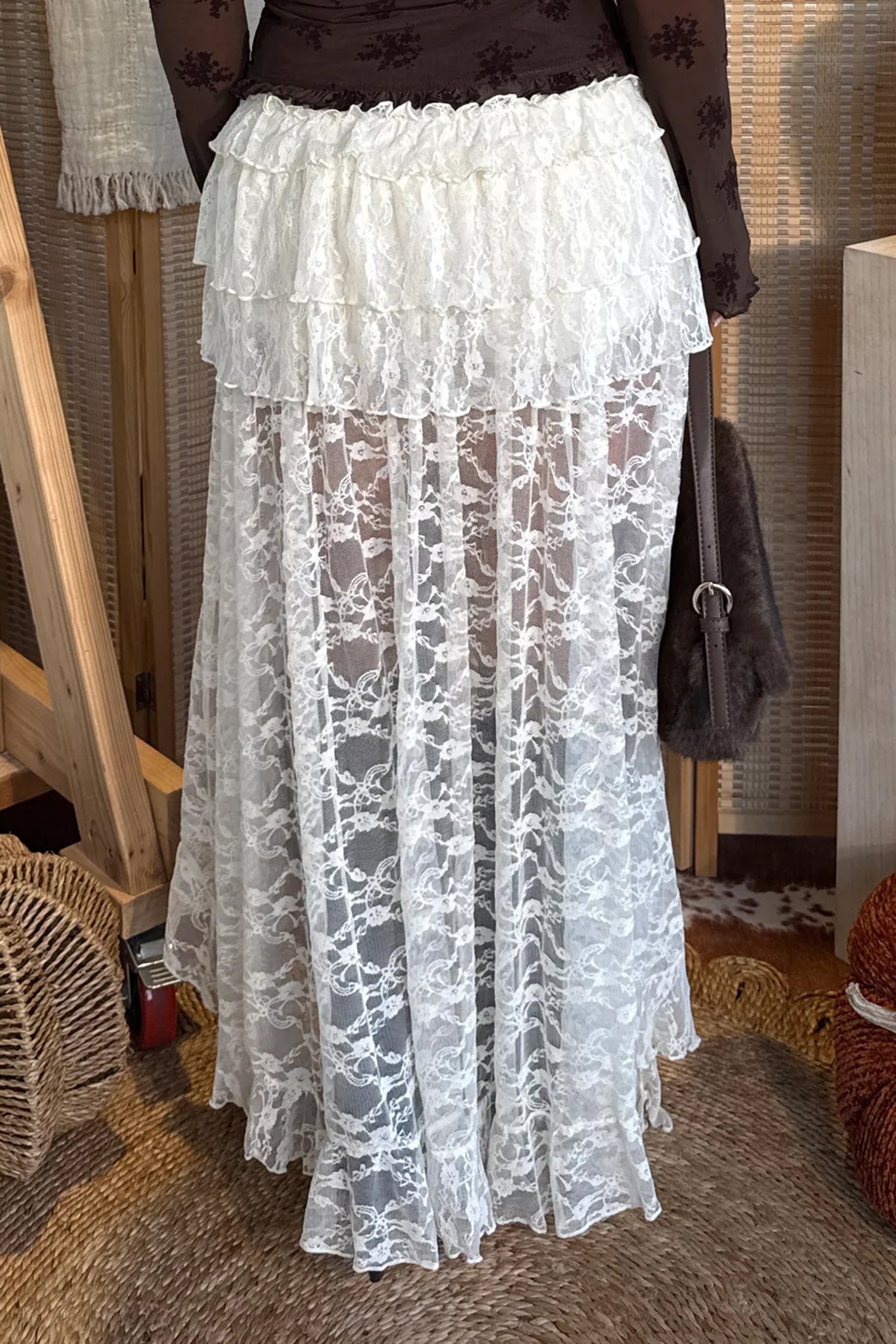 Polished Lace White Sheer Frilly Ruffles High Low Long Skirt