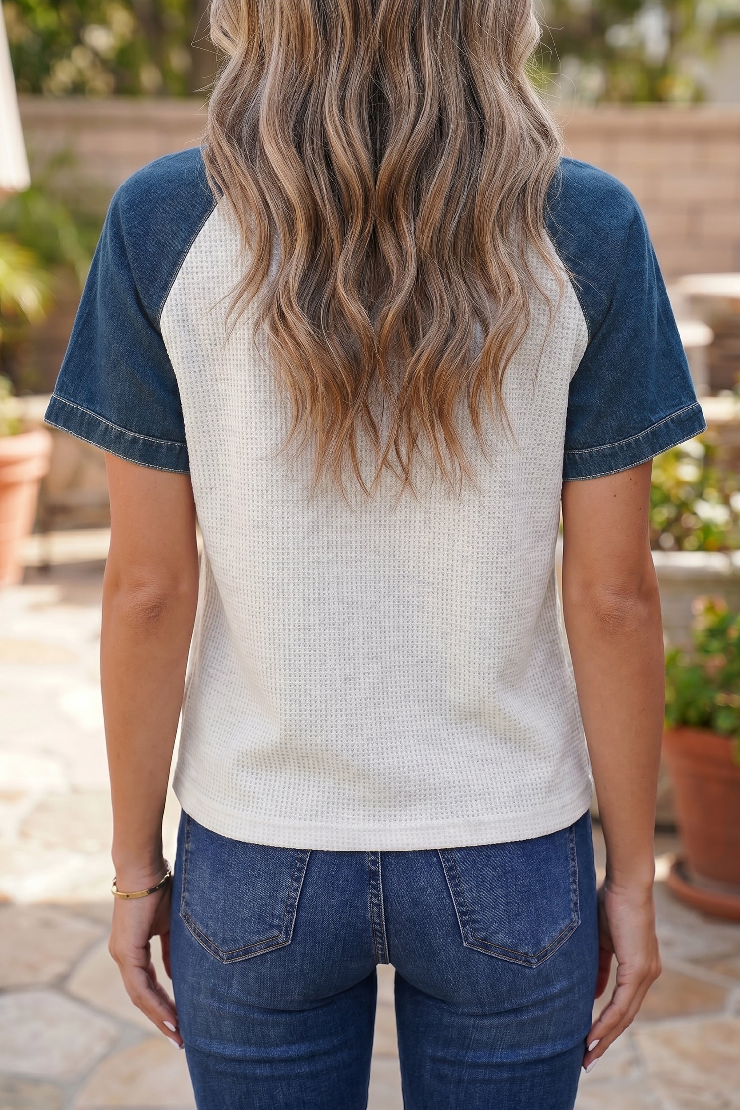 Textured Everyday White Colorblock Denim Patchwork Polo Collar Tee