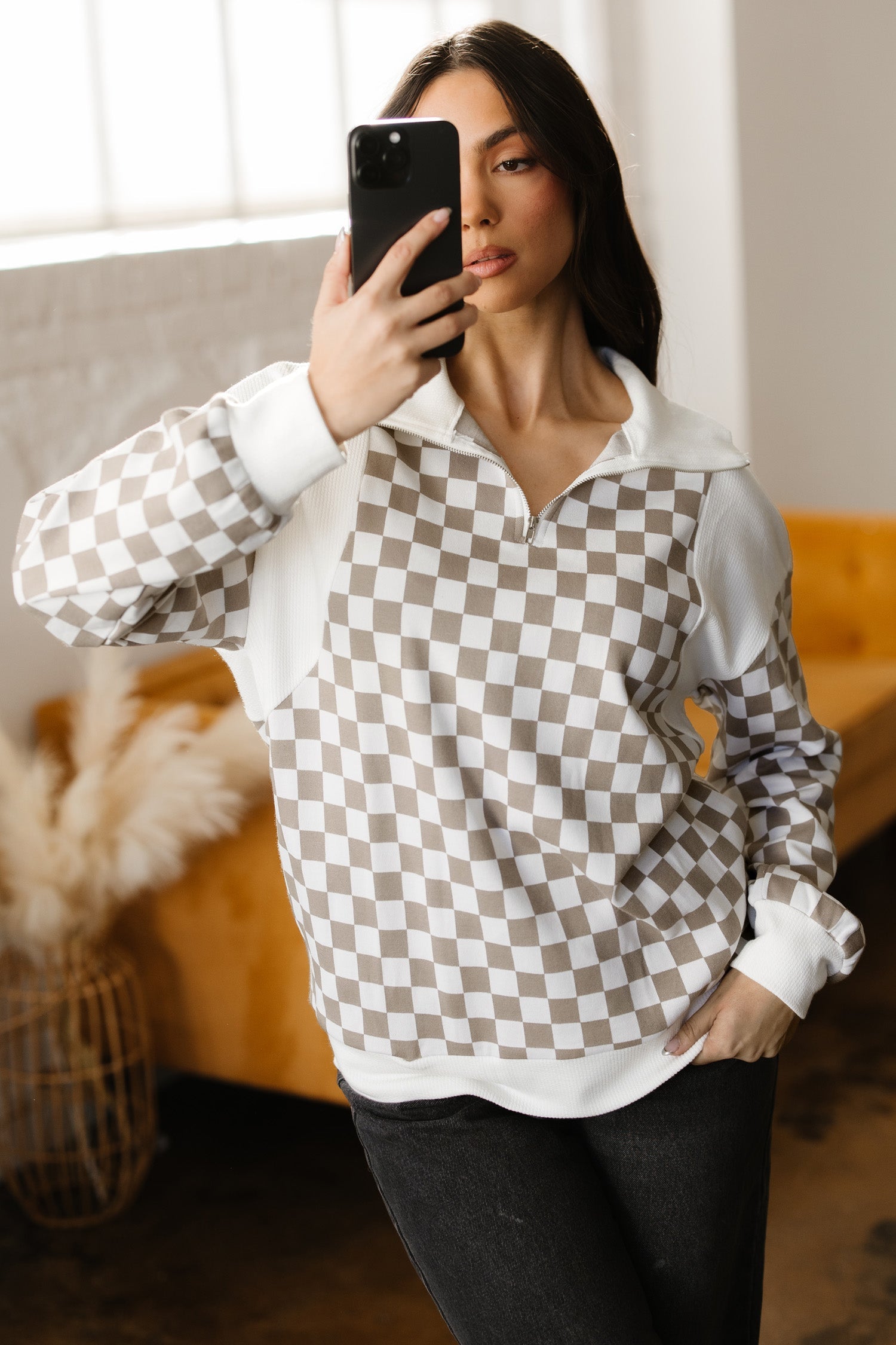 Quarter Patchwork Zip Rib-Knit Loose Sweatshirt