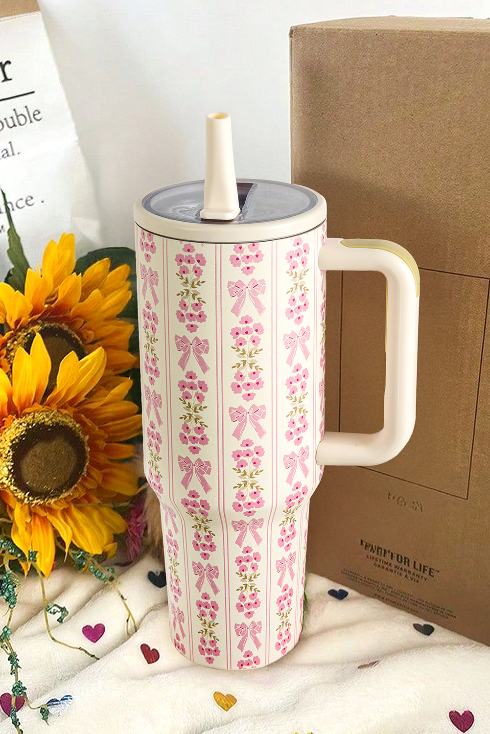 Sweet Print Bow Flower Straw Insert Tumbler Cup 40oz