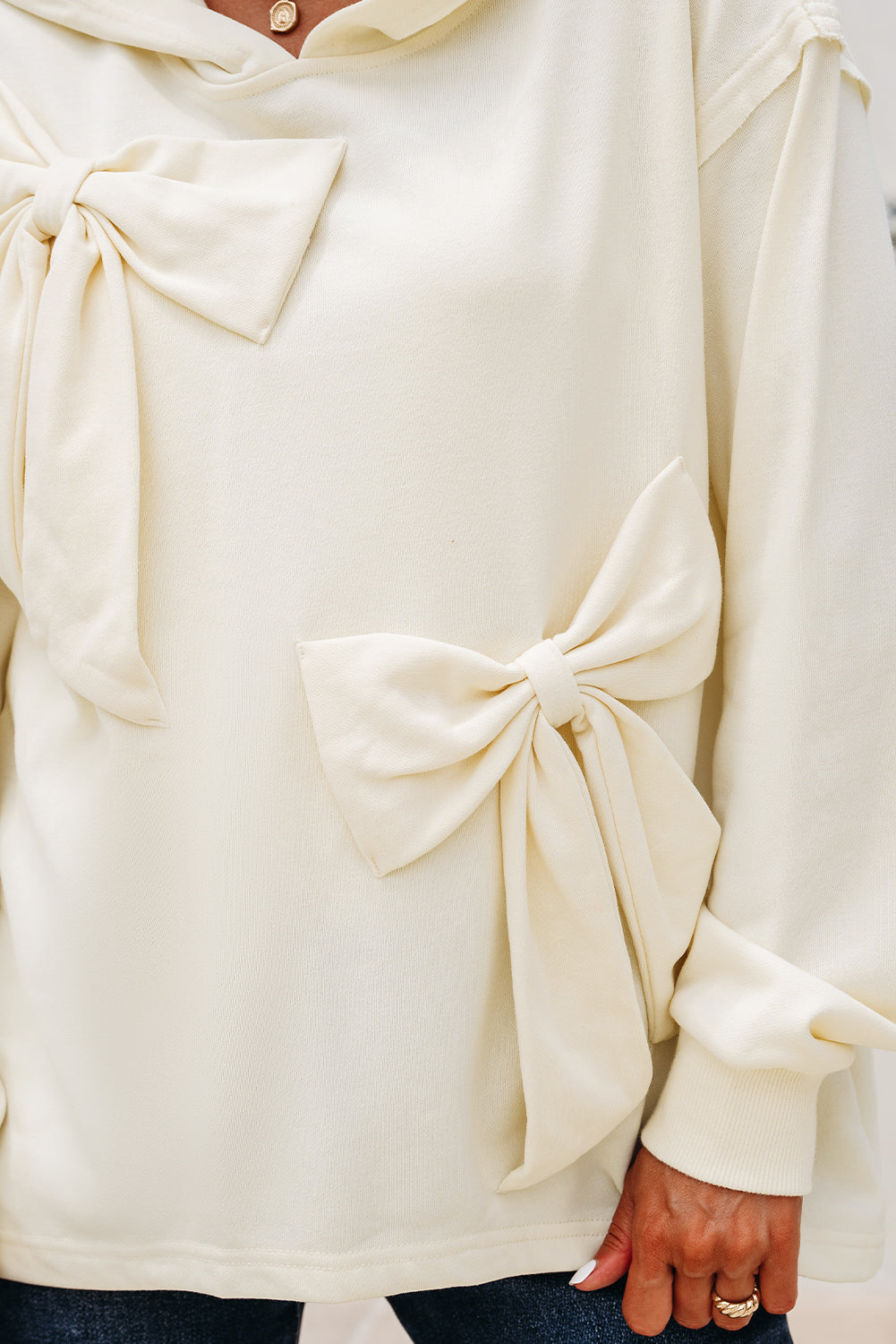 Solid Detail Cute Bow Loose Hoodie