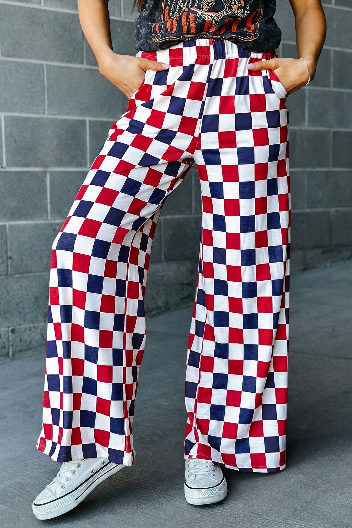 2-Tone High-Waisted Checked Print Wide-Leg Pants in Red