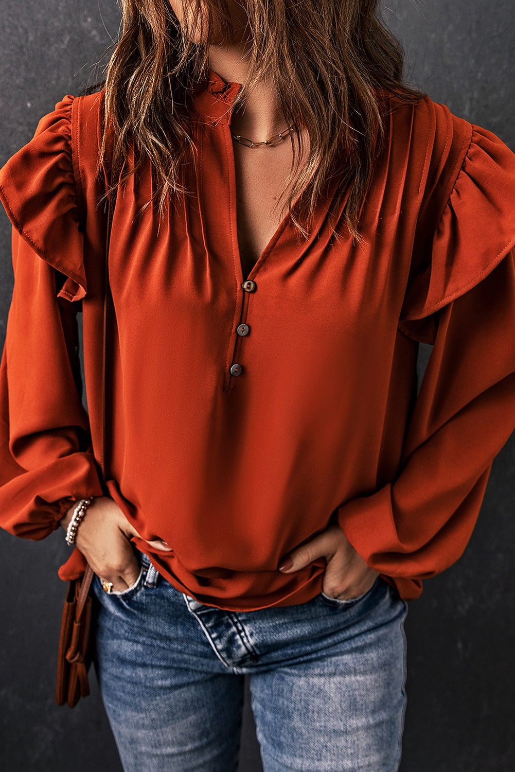 Women's Button-Front V Neck Ruffle-Trimmed Pleat-Detail Blouse