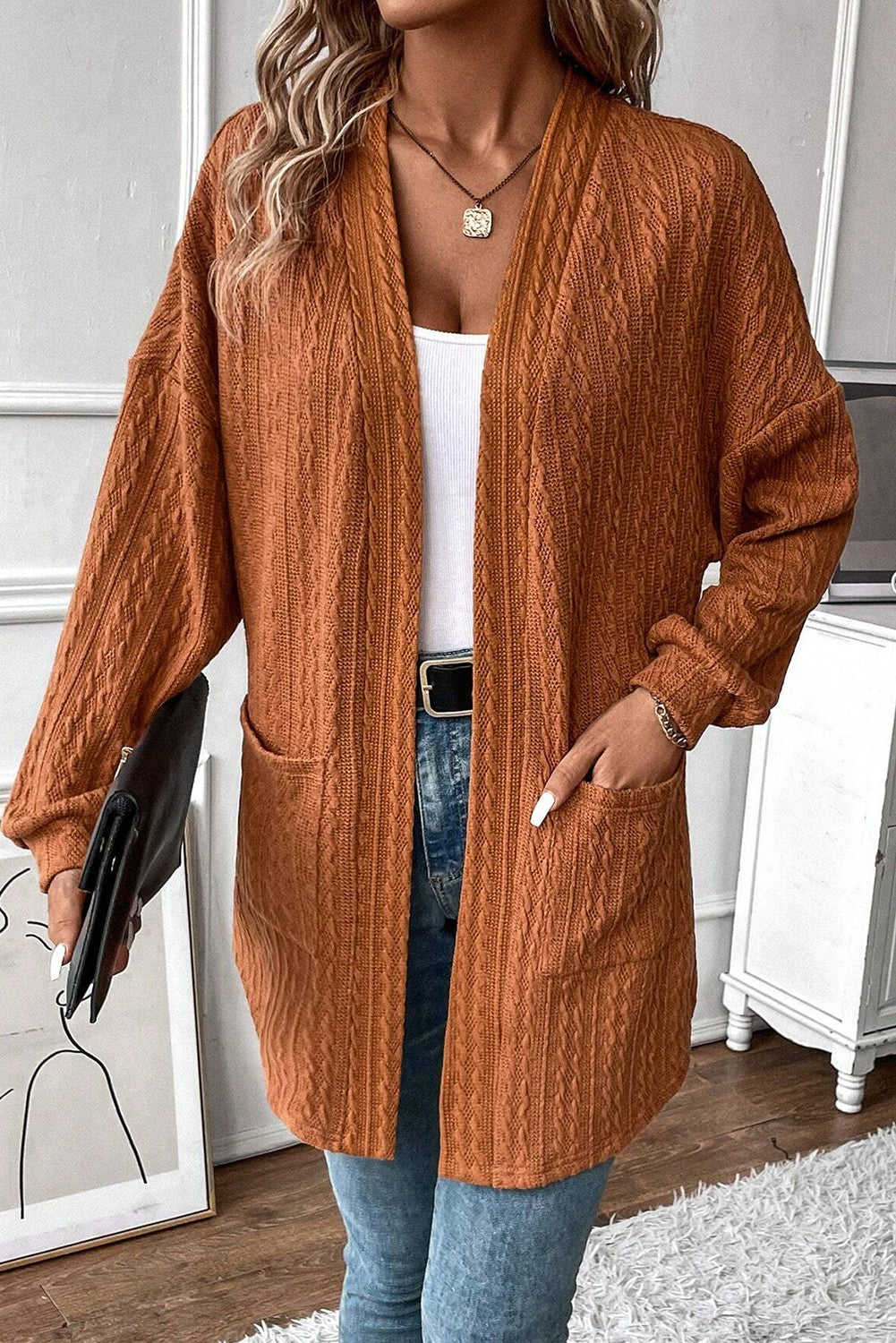 Knit Side Textured Side Pockets Open-Front Cardigan in Chestnut