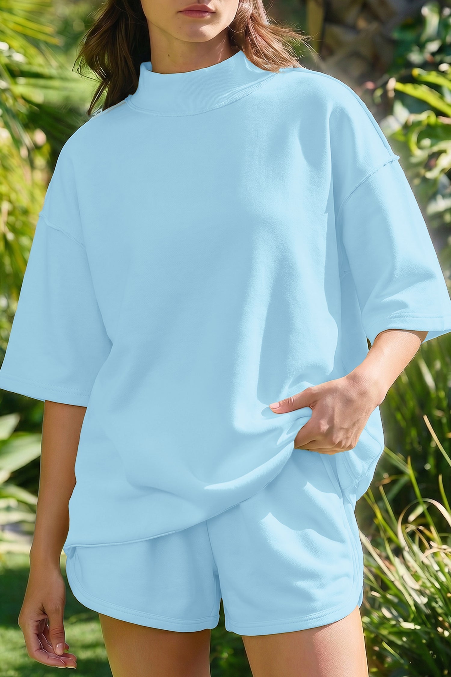 Mist Blue Solid Exposed Seam Mock-Neck Oversize Tee Everyday Shorts 2pcs Outfit