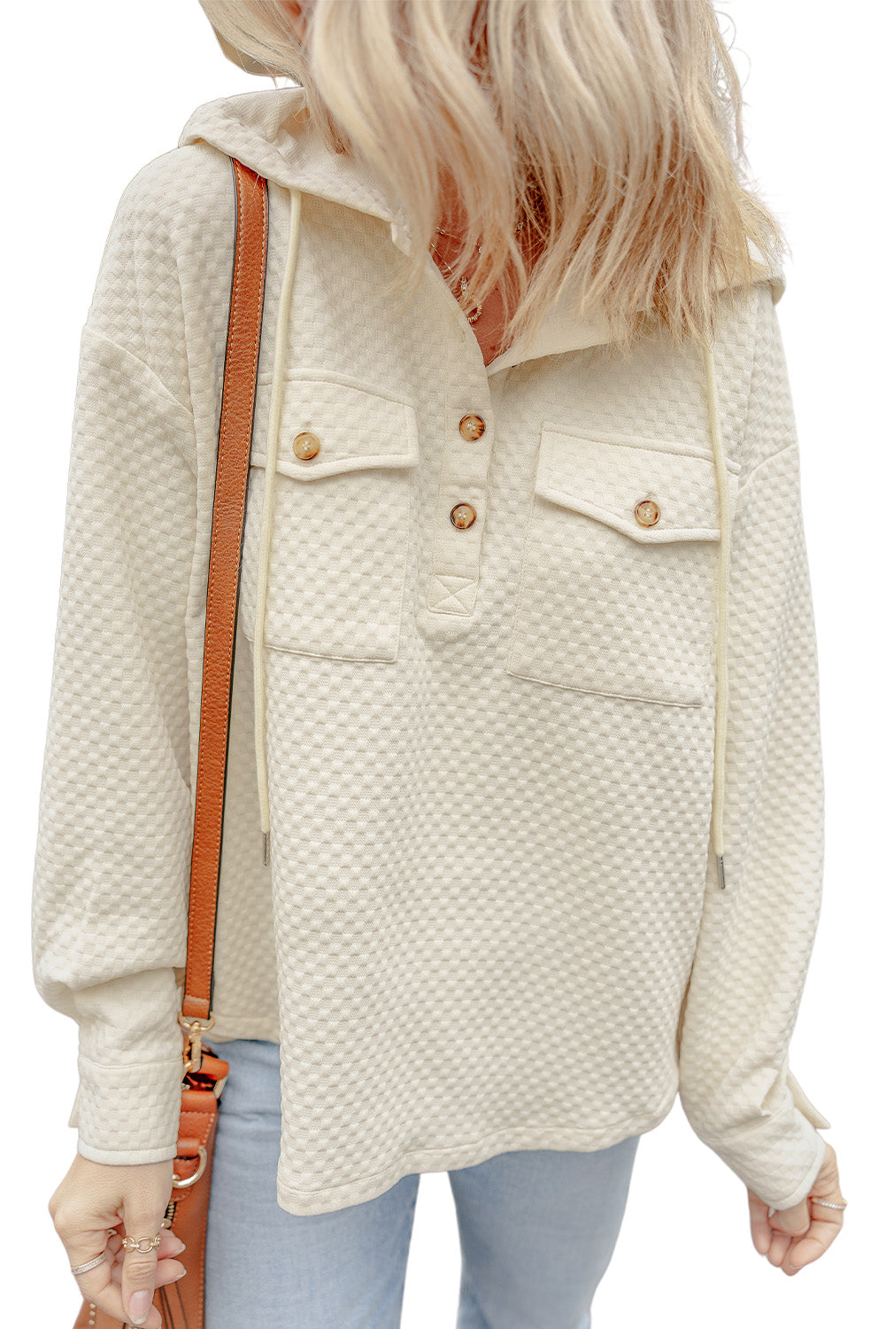 Textured Buttoned Neckline Side Pockets Hoodie