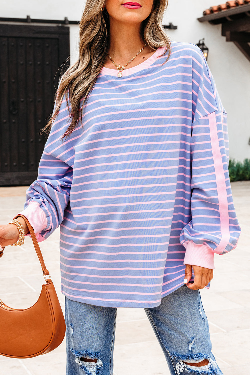 Stripe Trim Oversize Contrast Cotton Everyday Top in Sky Blue