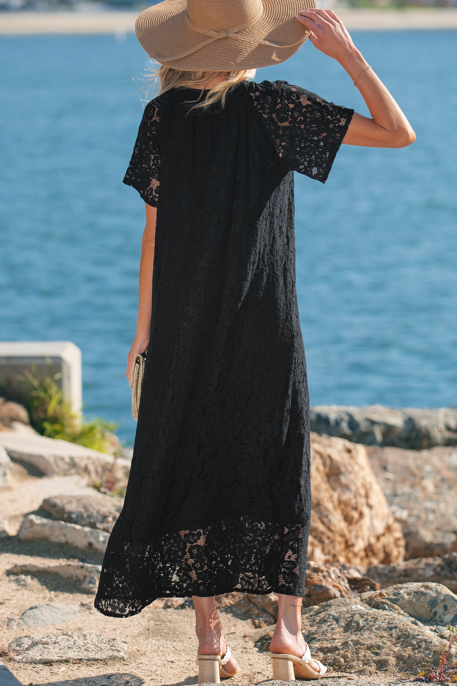 Lace Tie Overlay Tassel Short-Sleeved Beach Vacation Loose Maxi Dress in Black