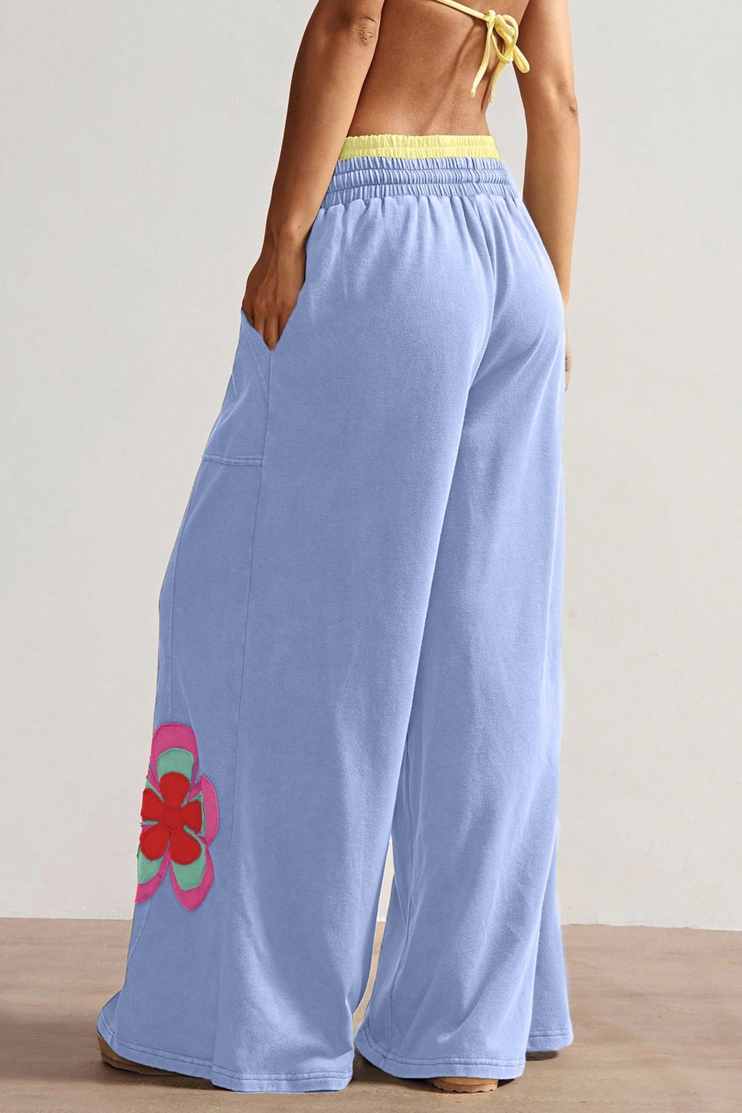 Flower Patchwork Elastic Waist Wide-Leg Pants in Sky Blue