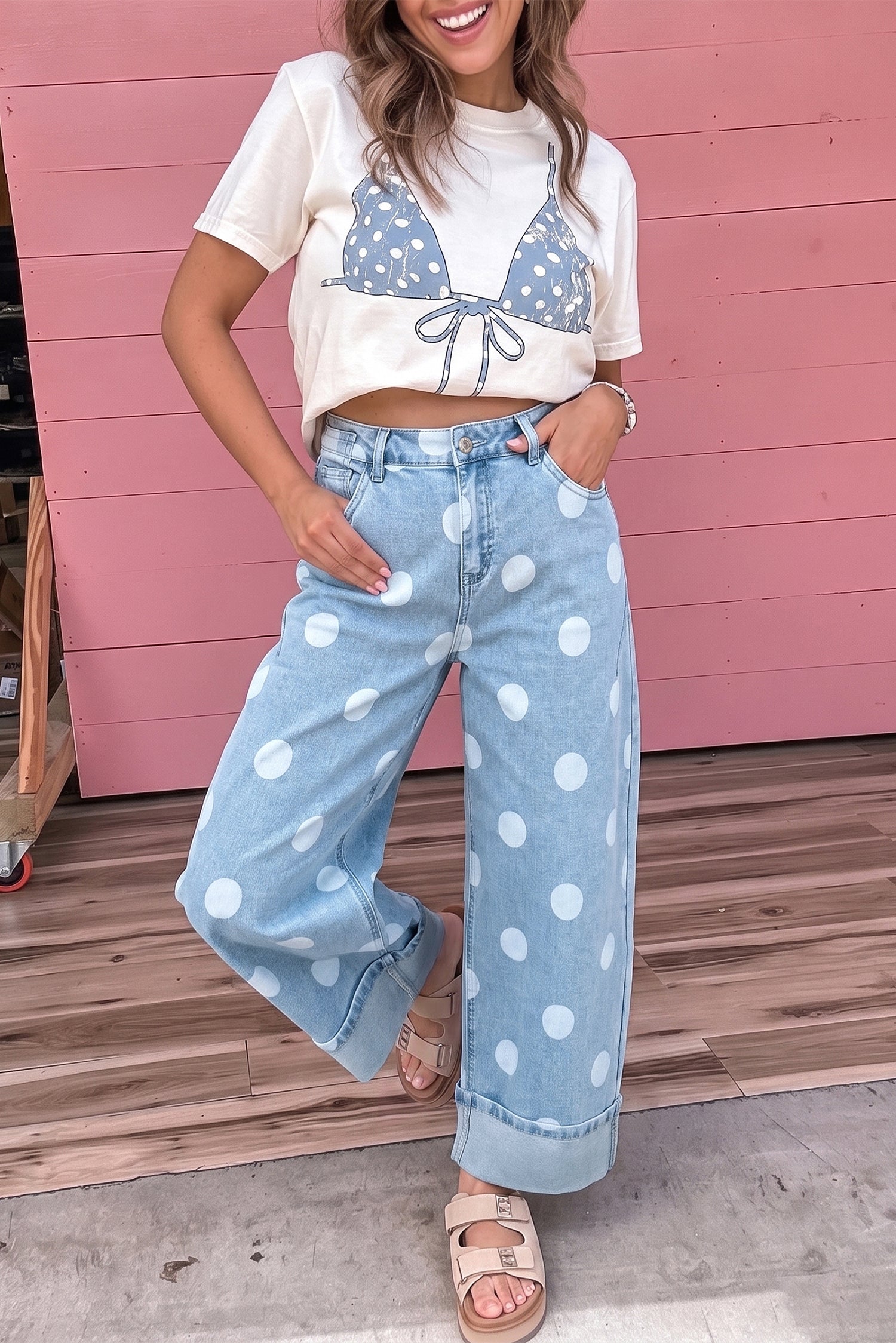 Ankle-Length Metal Polka-Dot Metal Button Everyday Jeans in Sky Blue