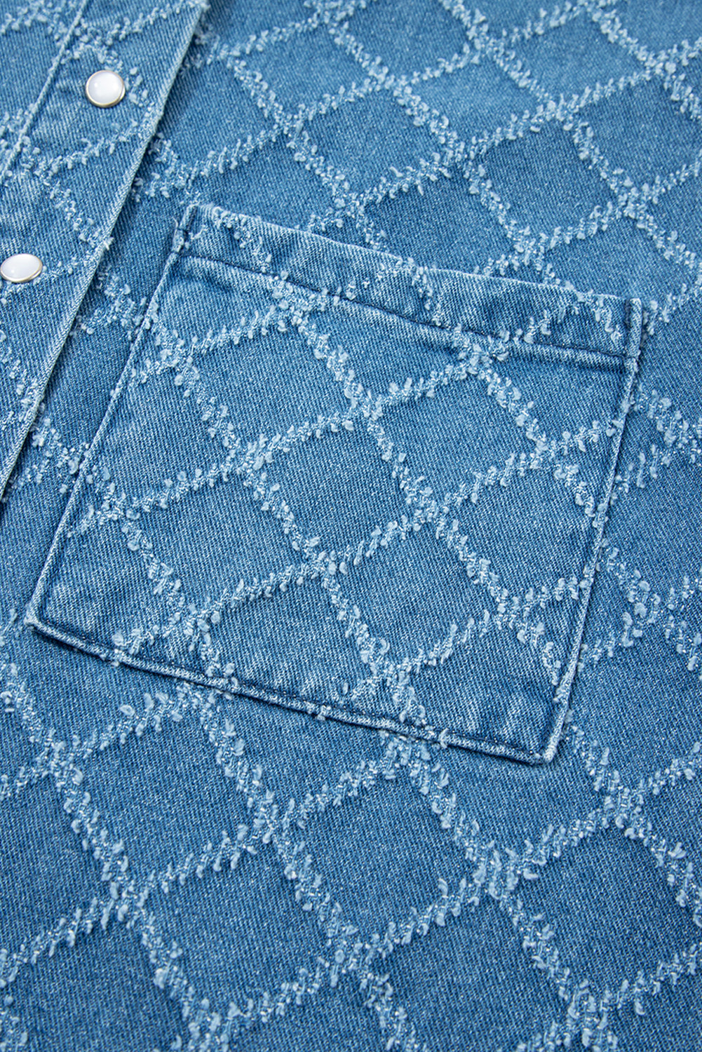 Short-Sleeved Checkered Textured Patched Pocket Denim Shirt