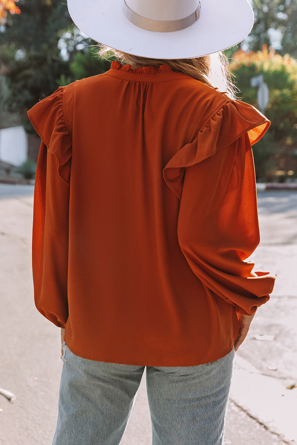 Women's Button-Front V Neck Ruffle-Trimmed Pleat-Detail Blouse