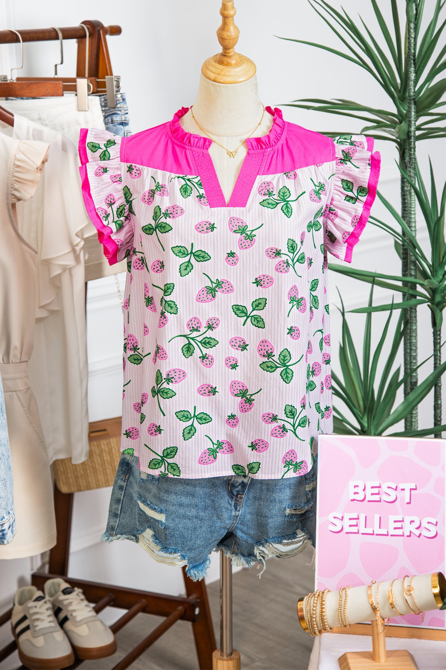 Printed Striped Strawberry Colorblock Patchwork V-Neck Flutter Sleeve Blouse