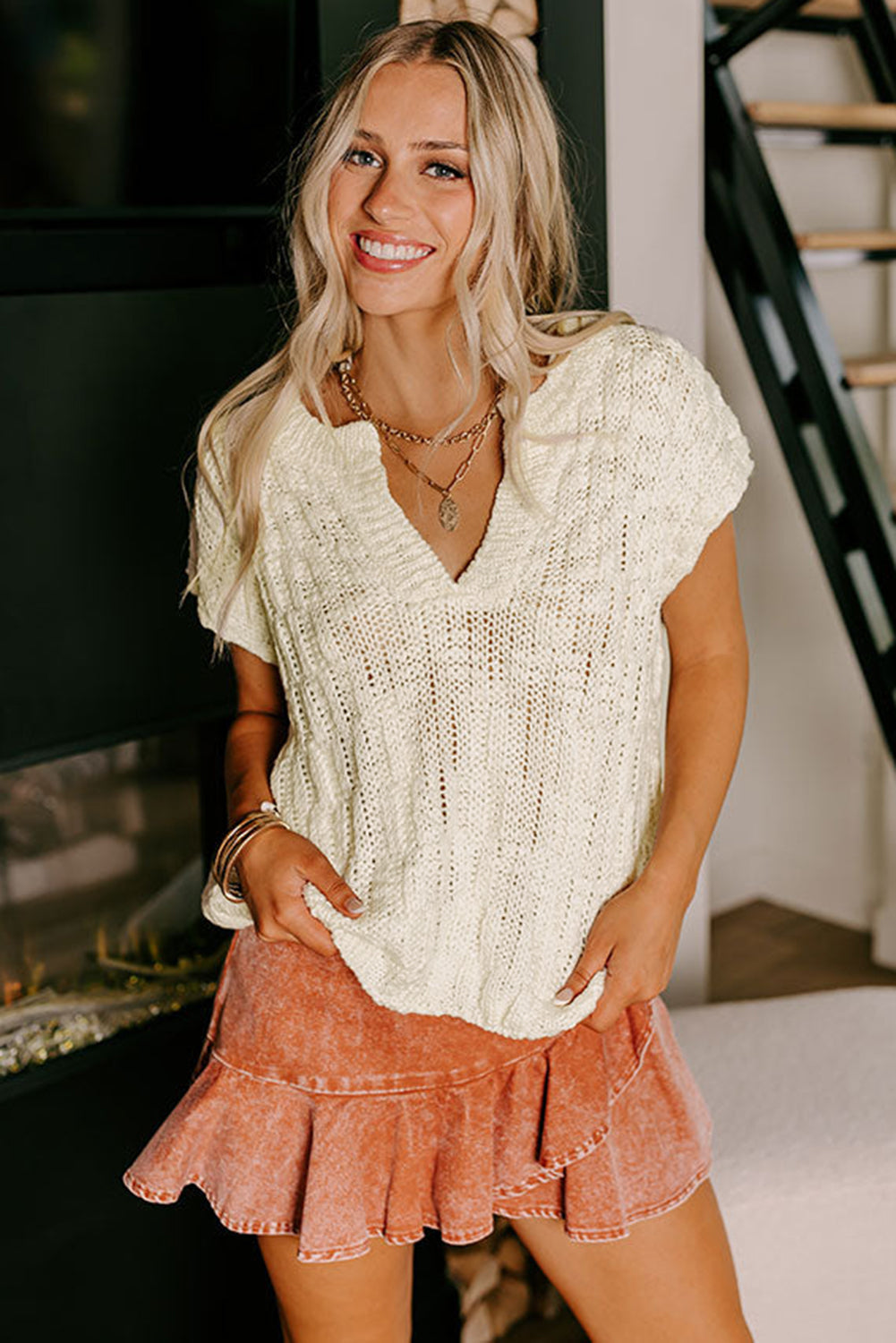 White Notched V Neck Short Sleeve Sweater