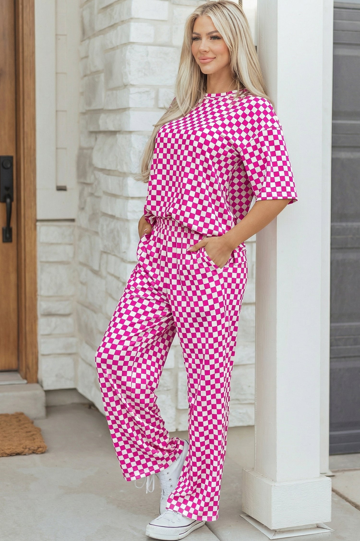 Print Rose Checkered Half Sleeve Tee 2pcs Lounge Pant Set