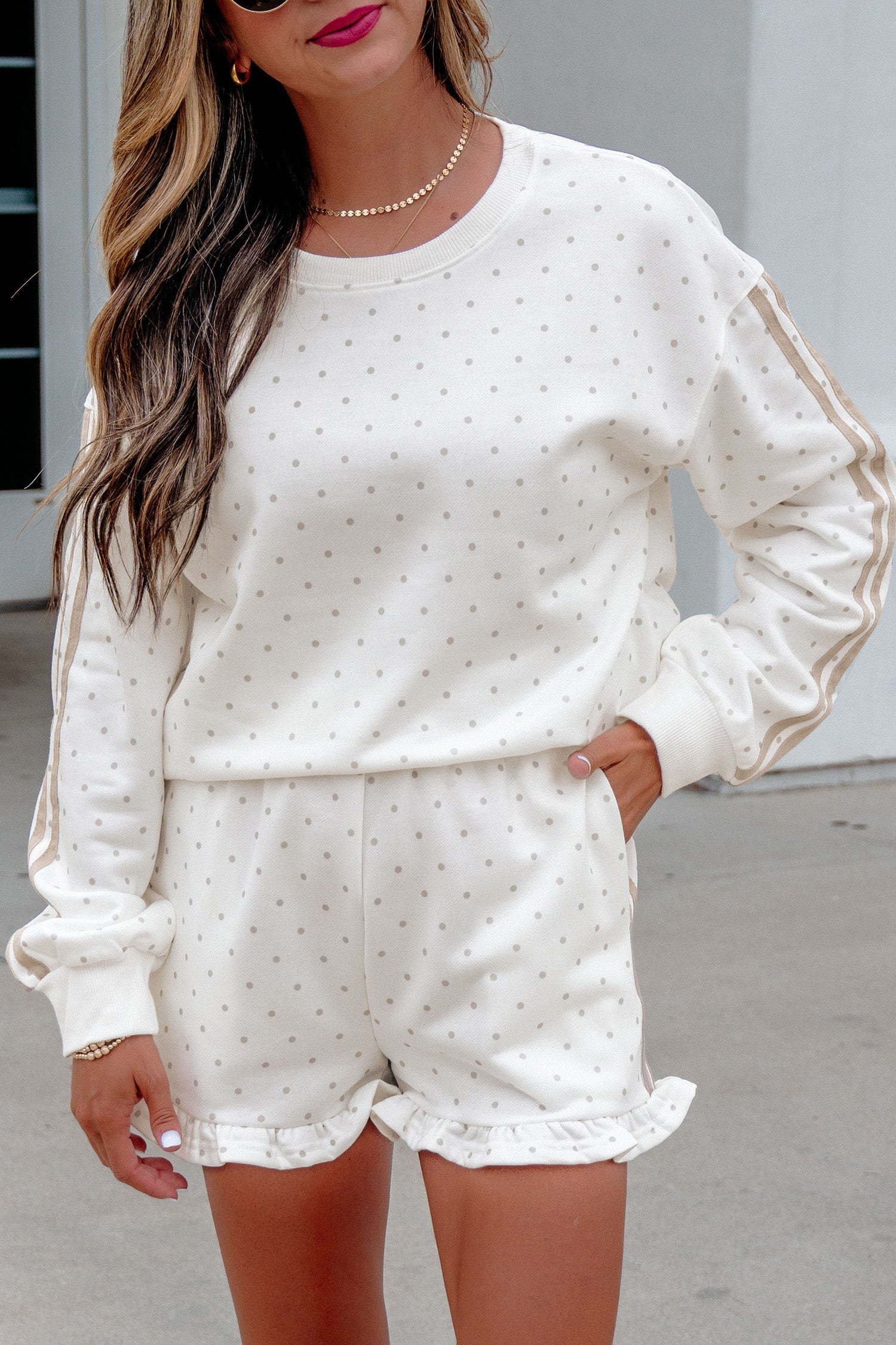 Polka-Dot Print Side Stripe Everyday Sweatshirt 2pcs Short Set in White