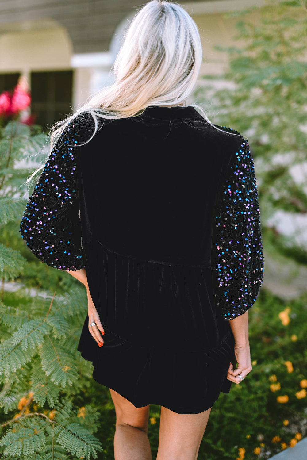 Chemise Péplum En Velours Boutonnée À Manches Bouffantes Et Sequins