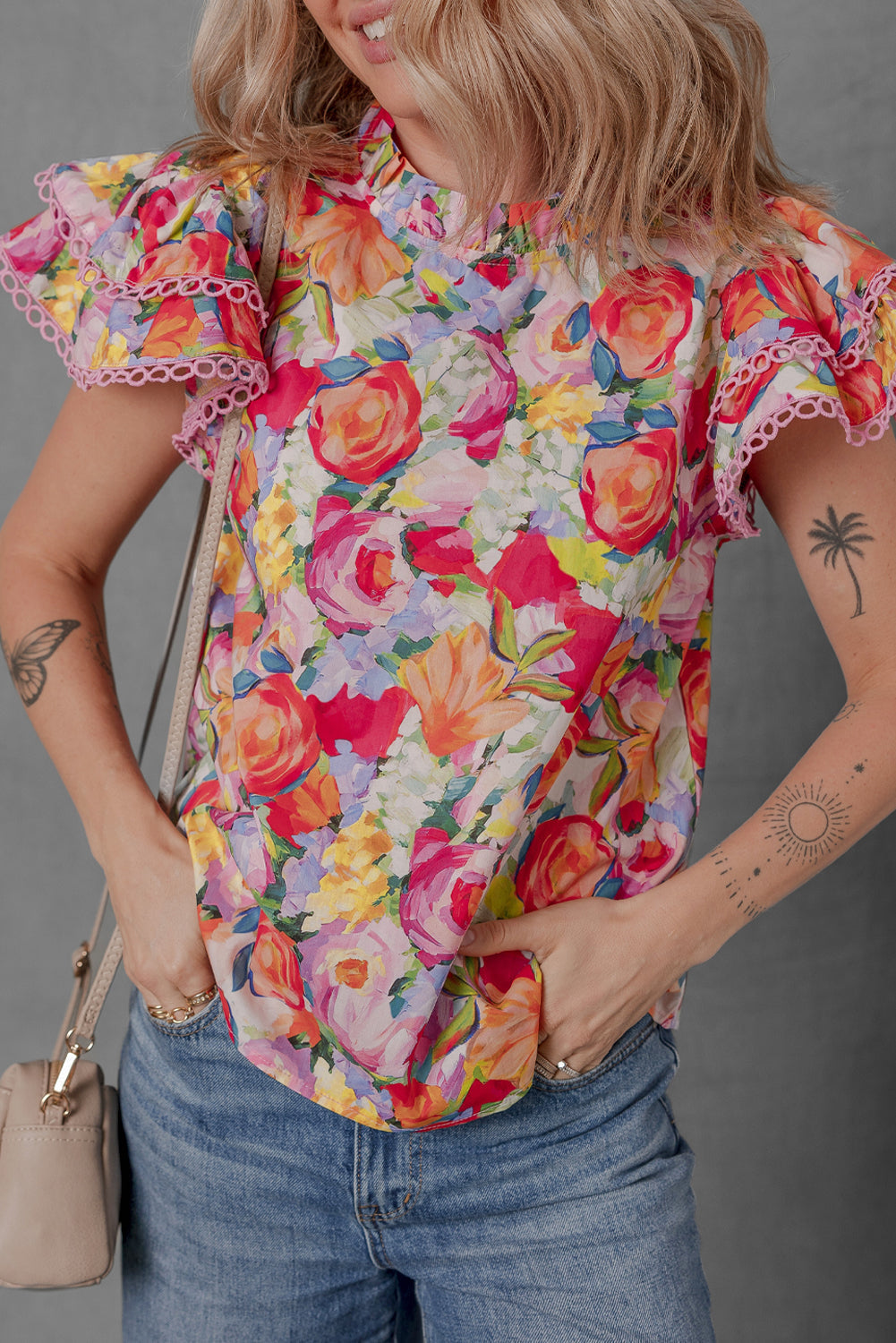 Lace Trim Ruffle Short Sleeve Floral Blouse