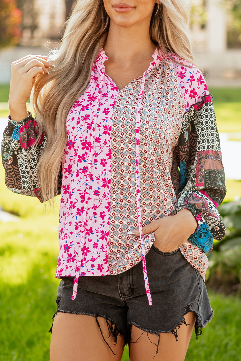 Boho Drop-Shoulder Mixed Floral Bubble Sleeve Blouse