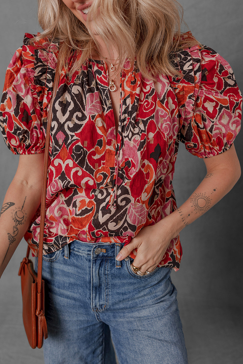 Split Ethnic Print Neck Short Puff Sleeve Blouse
