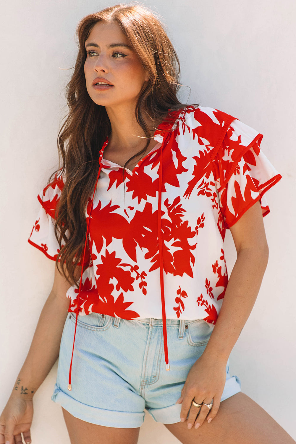 Plant Print Tiered Ruffled Sleeve V Neck Blouse