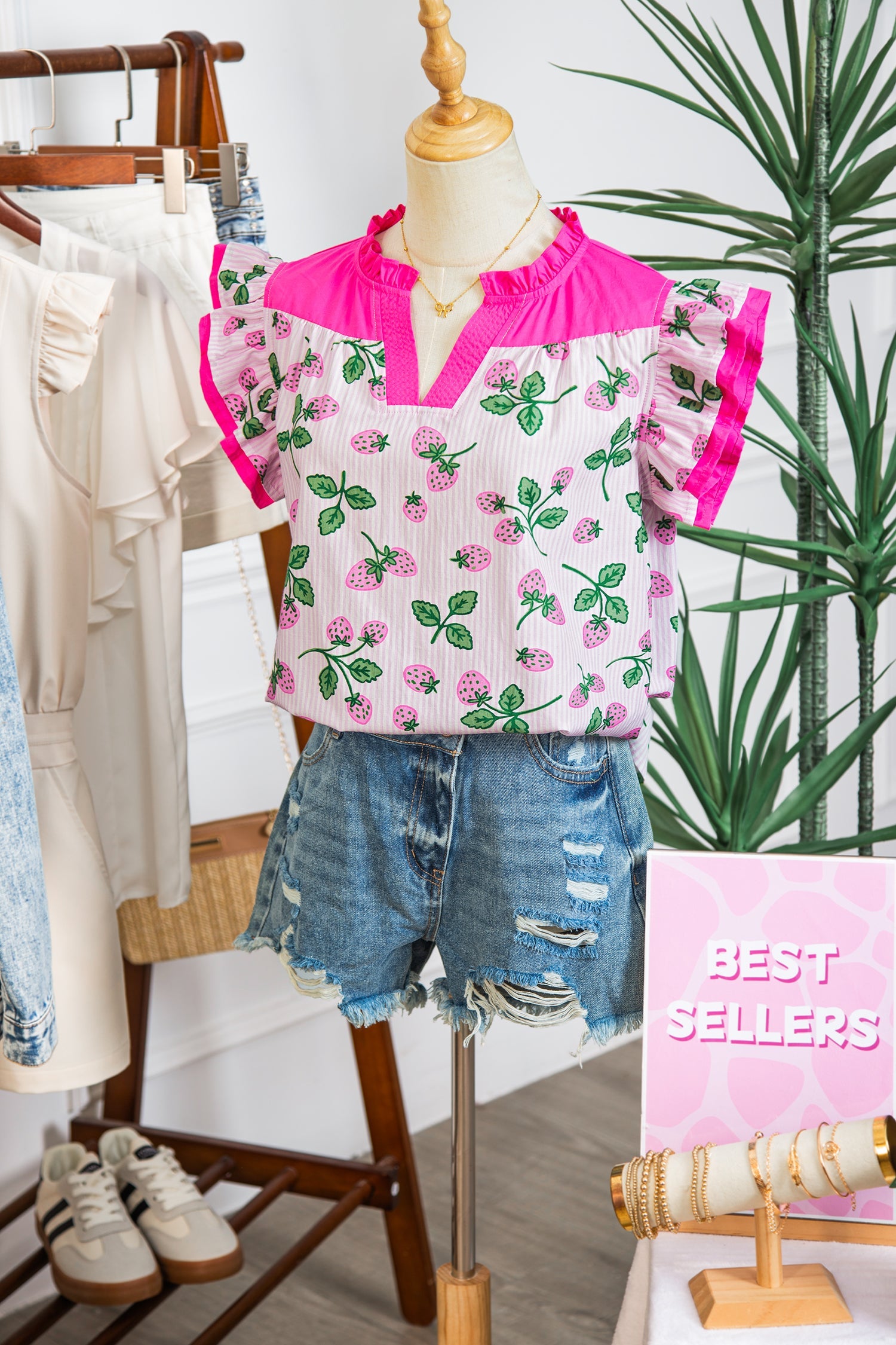 Printed Striped Strawberry Colorblock Patchwork V-Neck Flutter Sleeve Blouse