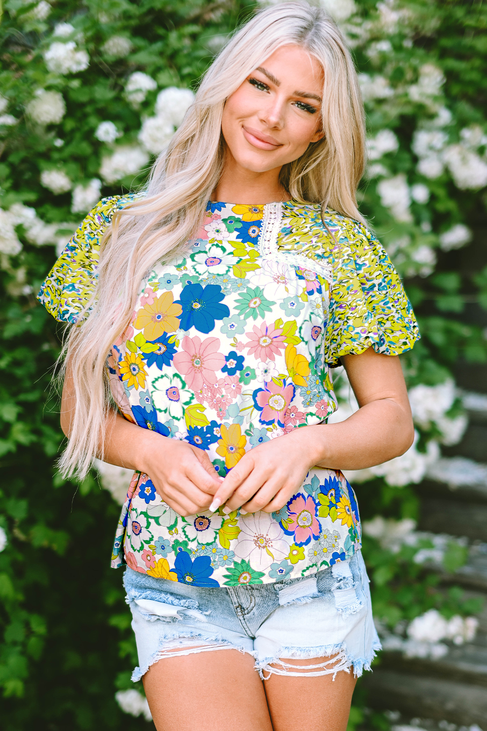 Blouse À Imprimé Floral Mélangé Et Bordure En Dentelle À Manches Bulles