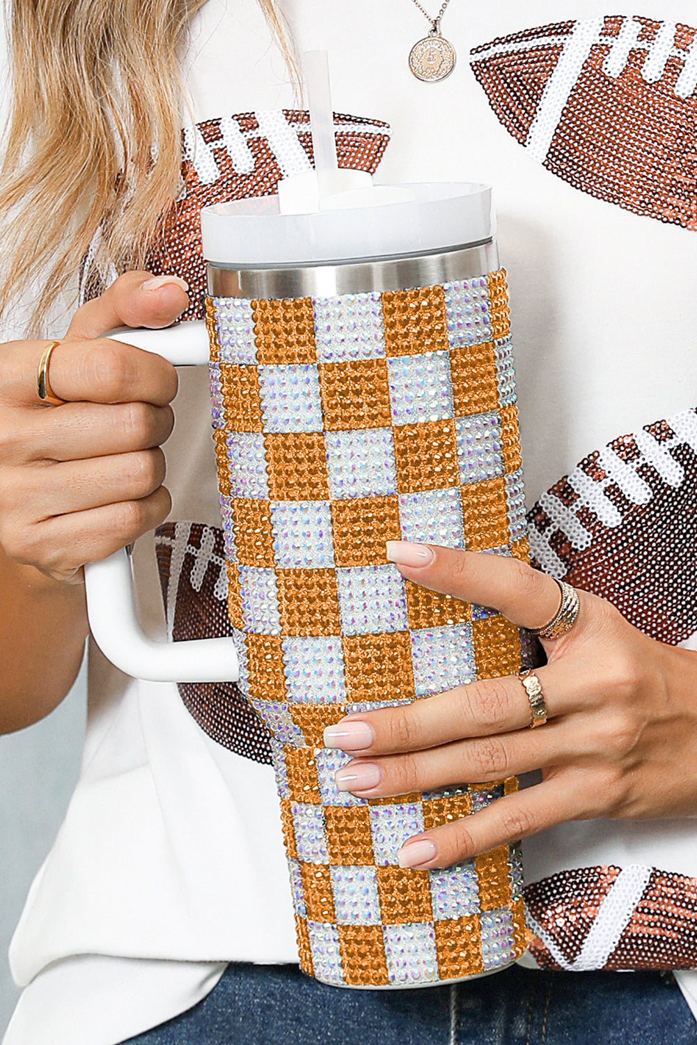 Rhinestone Checkerboard Full Checkerboard Handled Tumbler 40oz