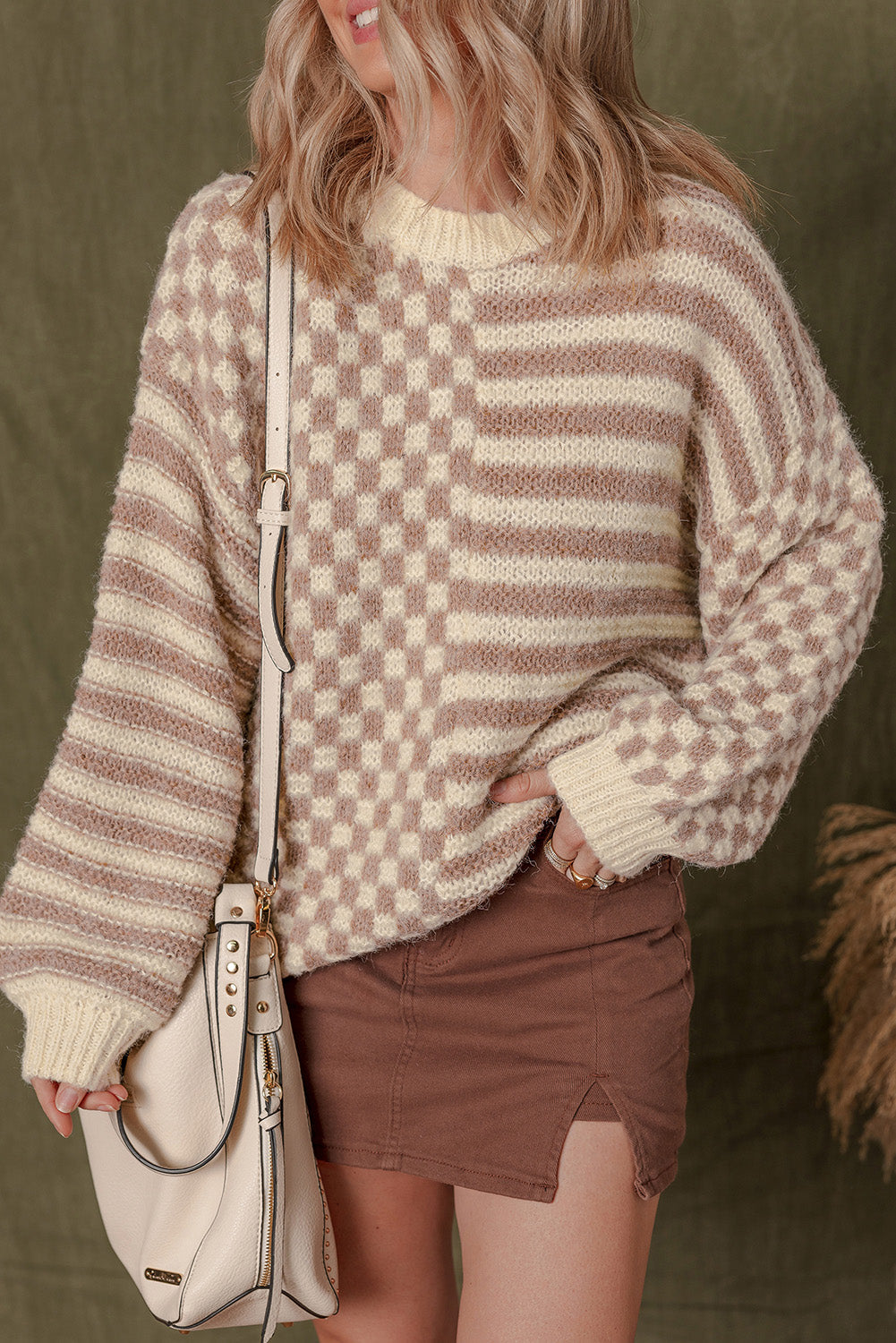Checkerboard Sleeve Drop-Shoulder Balloon Knit Top