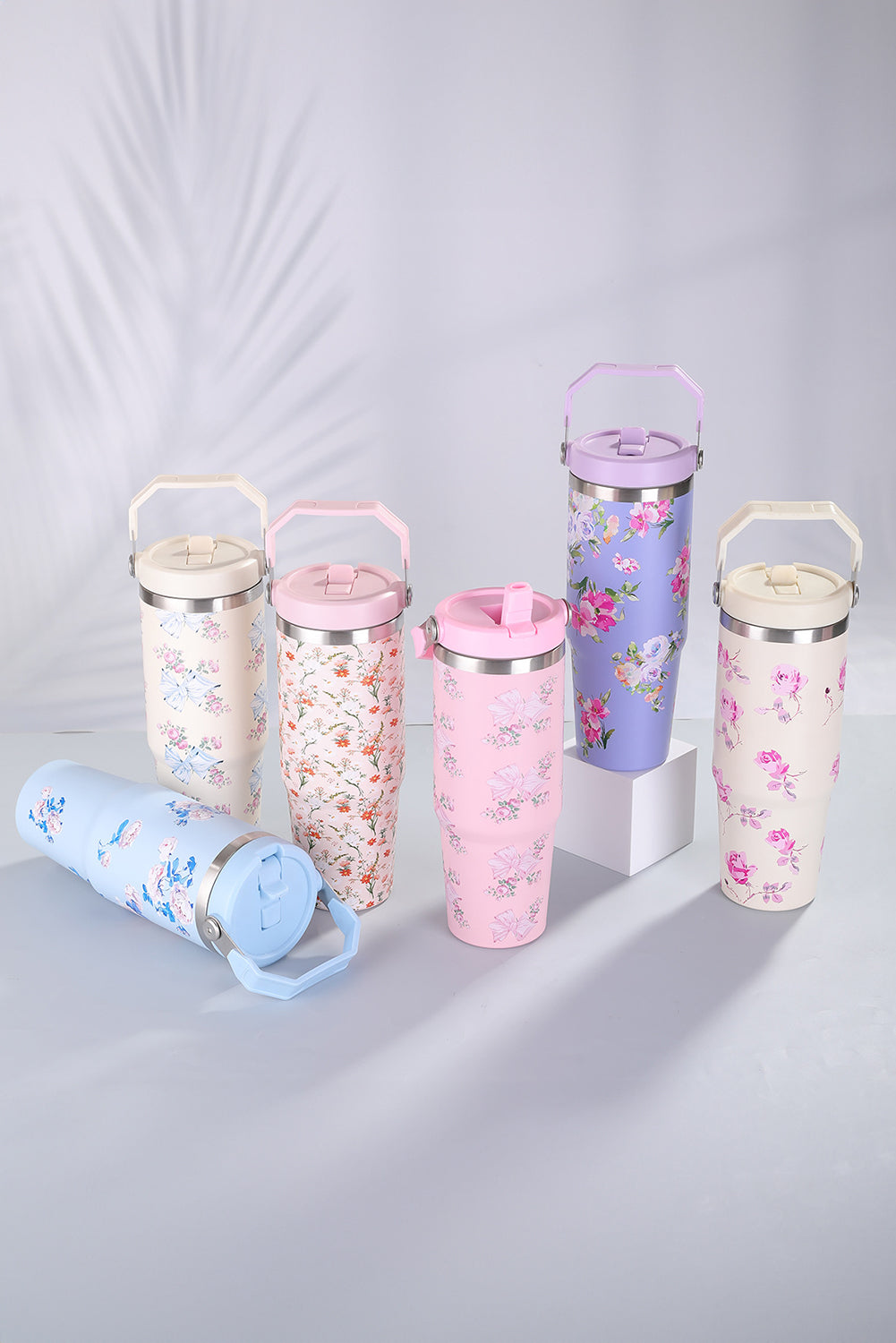 30OZ Bow Floral-Print Flip Handle Straw Tumbler