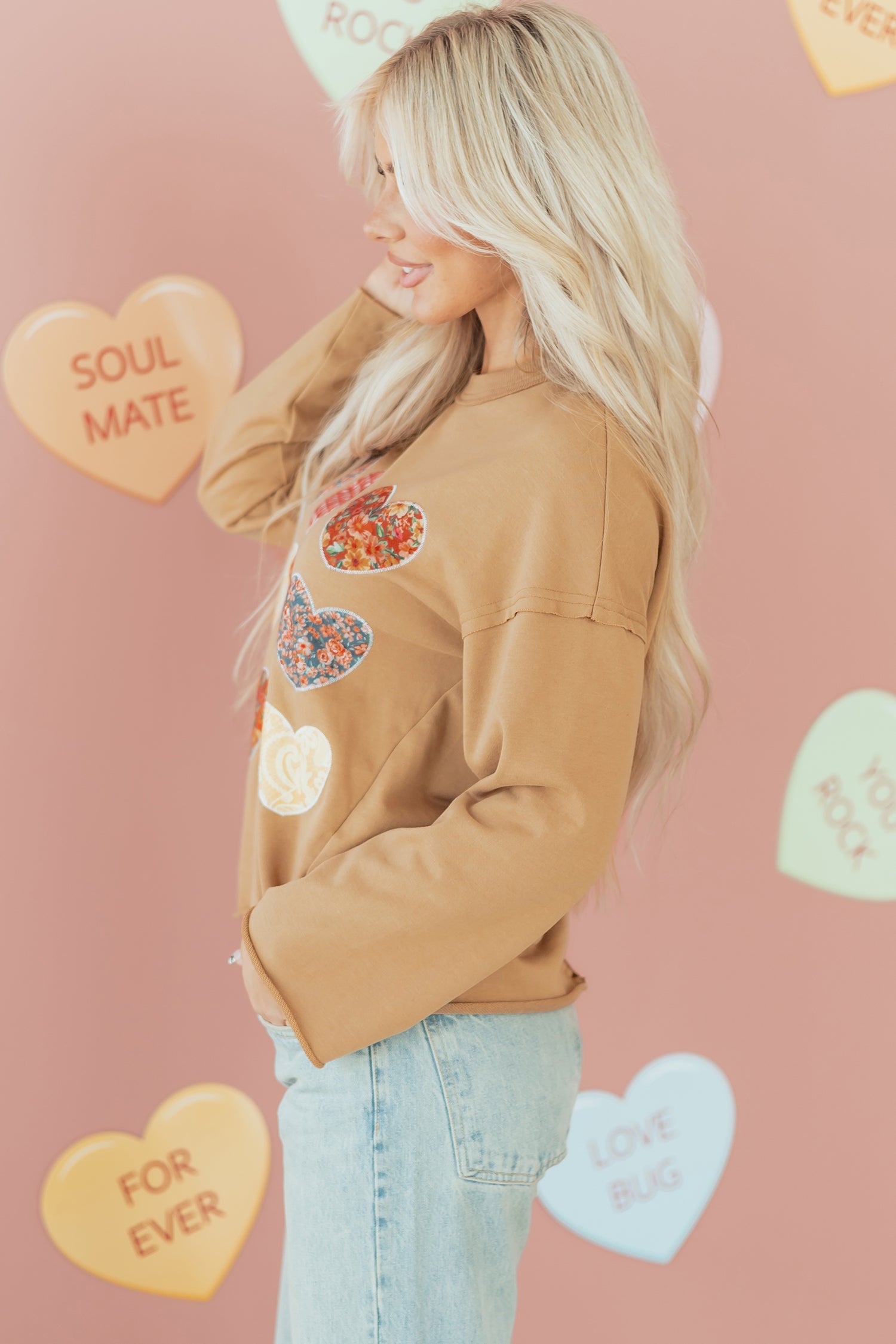 Plaid Floral Heart Stitched Exposed Seam Mineral Wash Sweatshirt