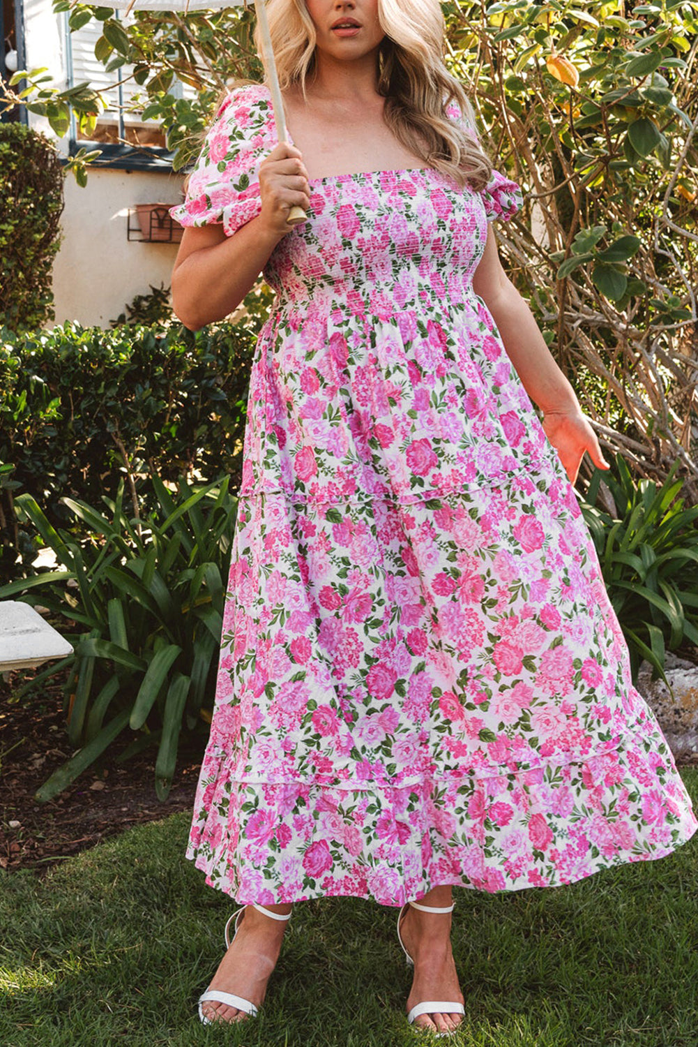 Smocked Dainty Floral Puff Sleeve Flowy Long Dress
