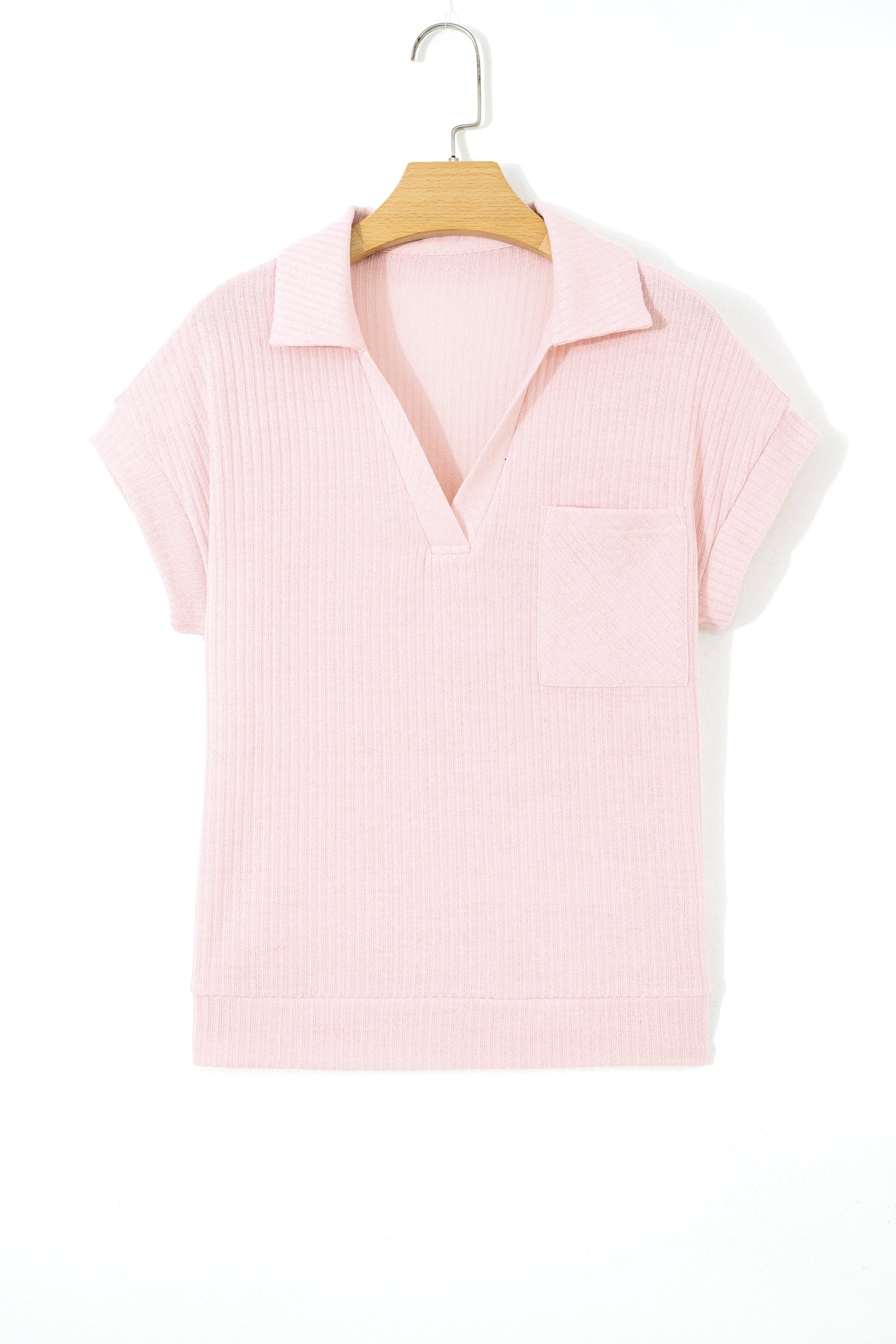 Rib-Knit Collared V-Neck Tee in Light Pink