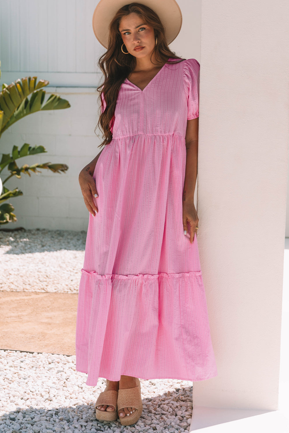 V-Neck Puff Short-Sleeved Maxi Dress