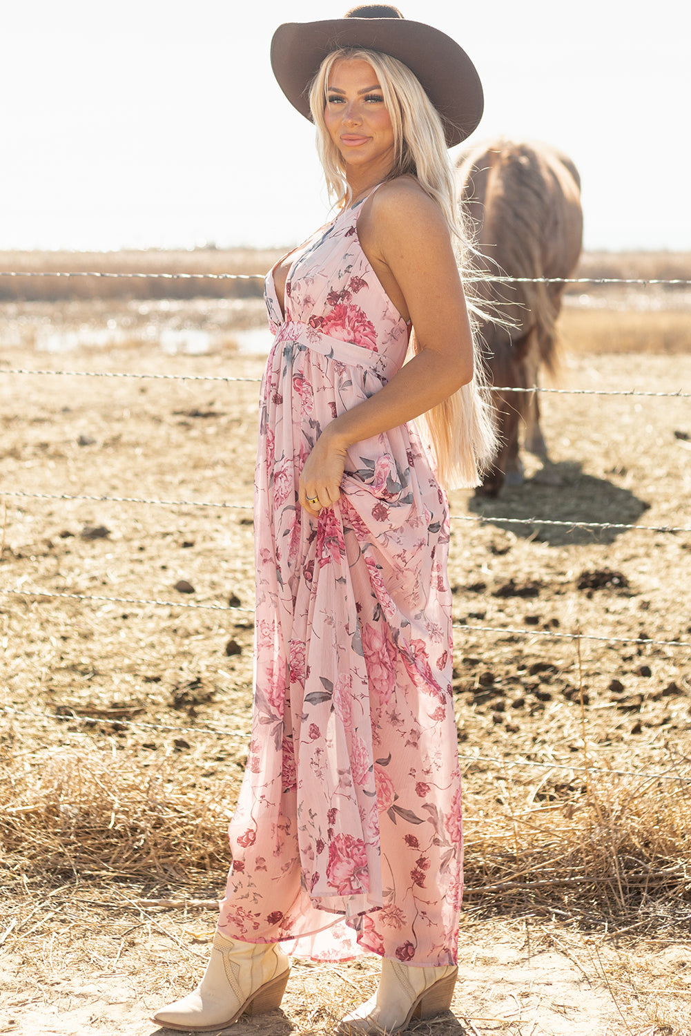 Pleated Bust Floral Bust Deep V Empire Waist Backless Maxi Dress
