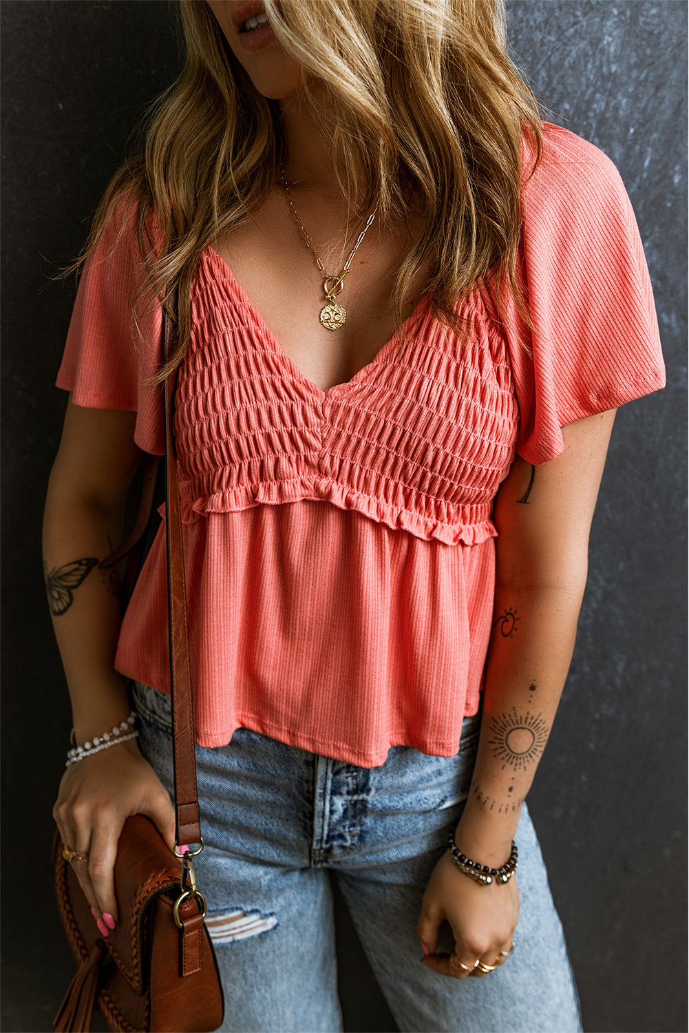 Women's Shirred V Neck Short Flutter Sleeve Textured Blouse