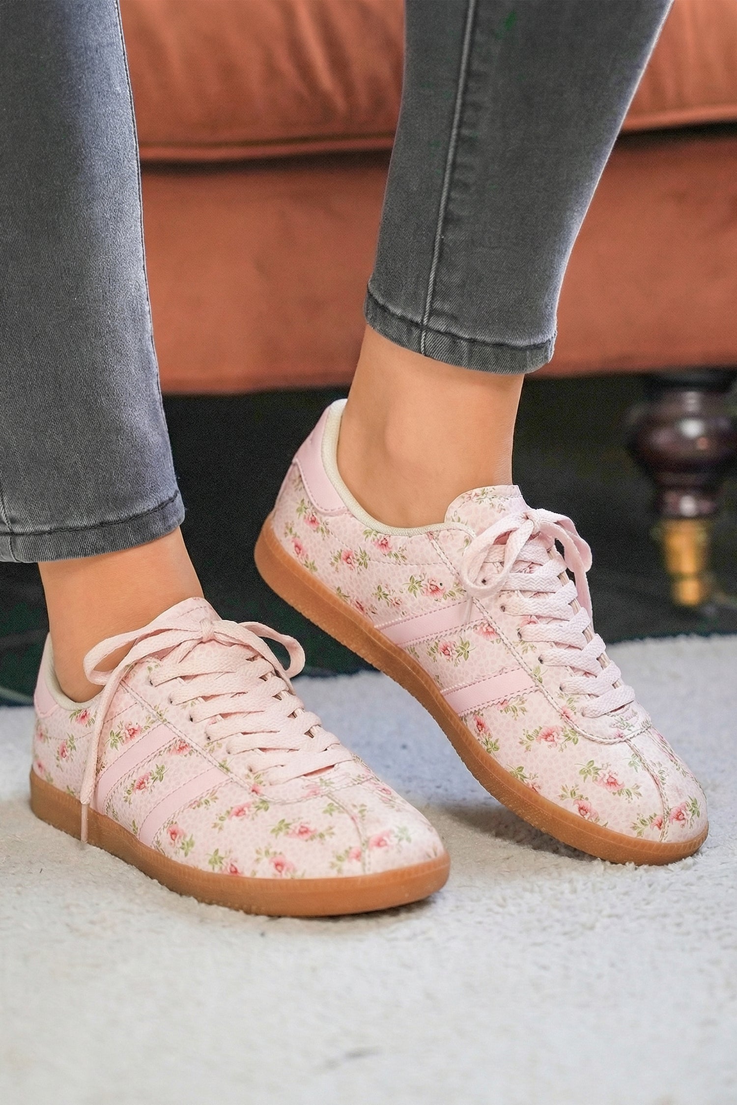 PU Floral-Print Lace-up Leather Flat Shoes in Light Pink