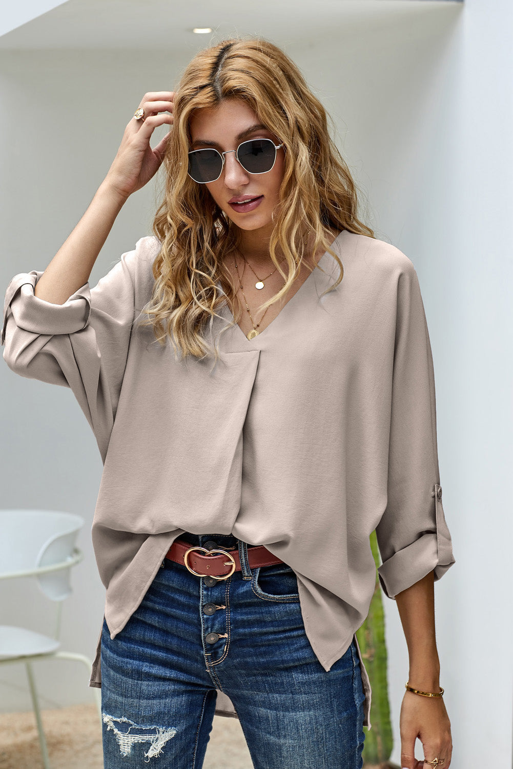 Women's Shirt with Elegant Apricot V Neck Three-Quarter Sleeve High Low Hem