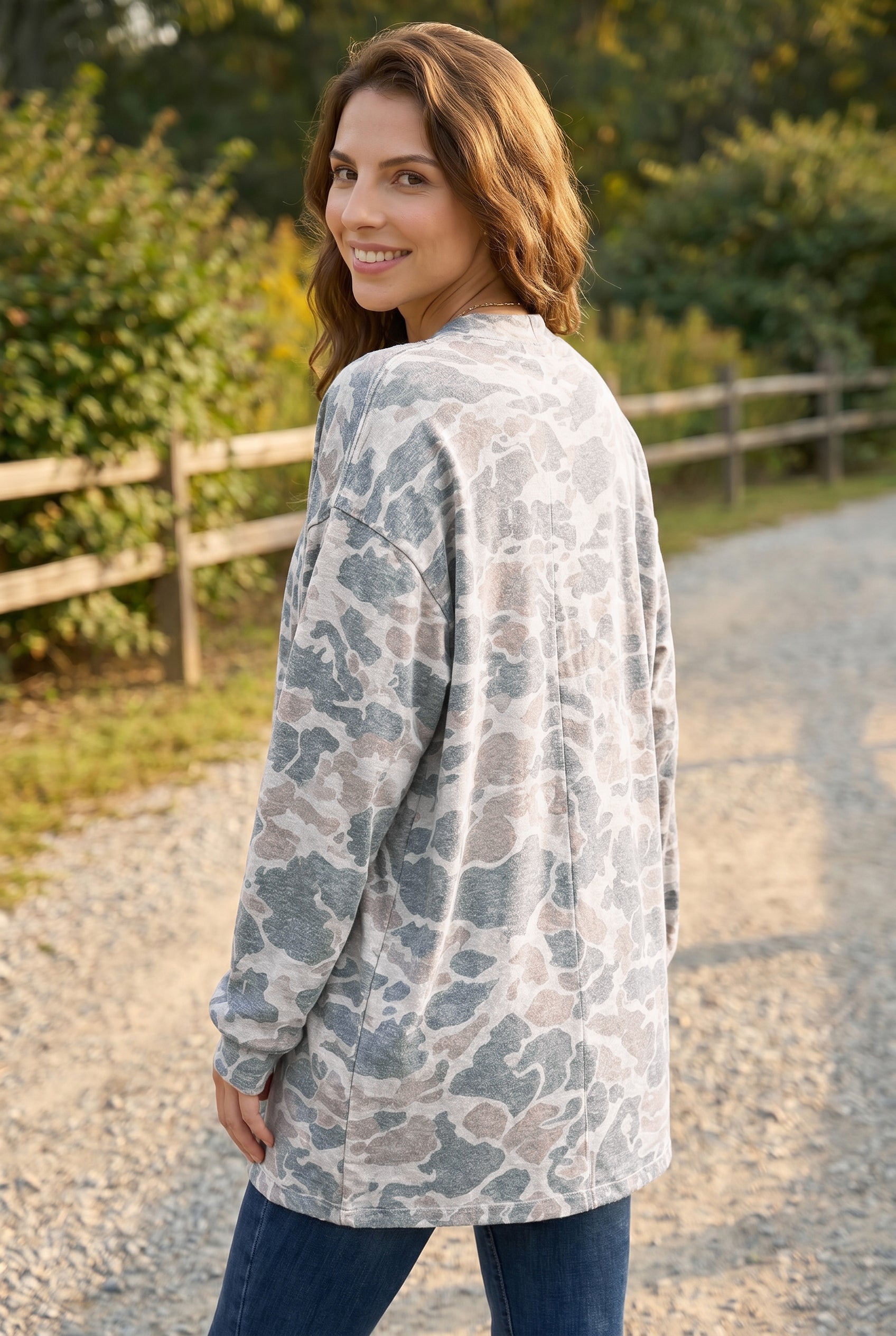 Print Long-Sleeved Camouflage Long-Sleeved Open-Front Tunic Cardigan