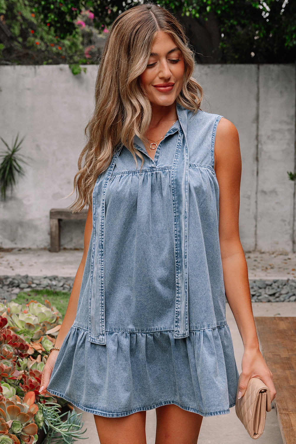 Sleeveless Bowknot Neck Ruffled Chambray Dress