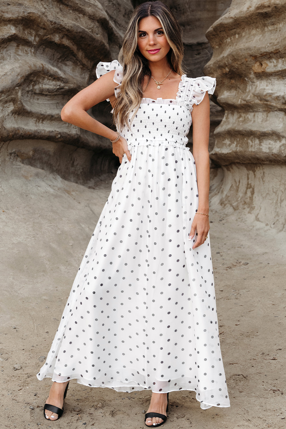 White Polka Dot Square Neck Smocked Maxi Dress