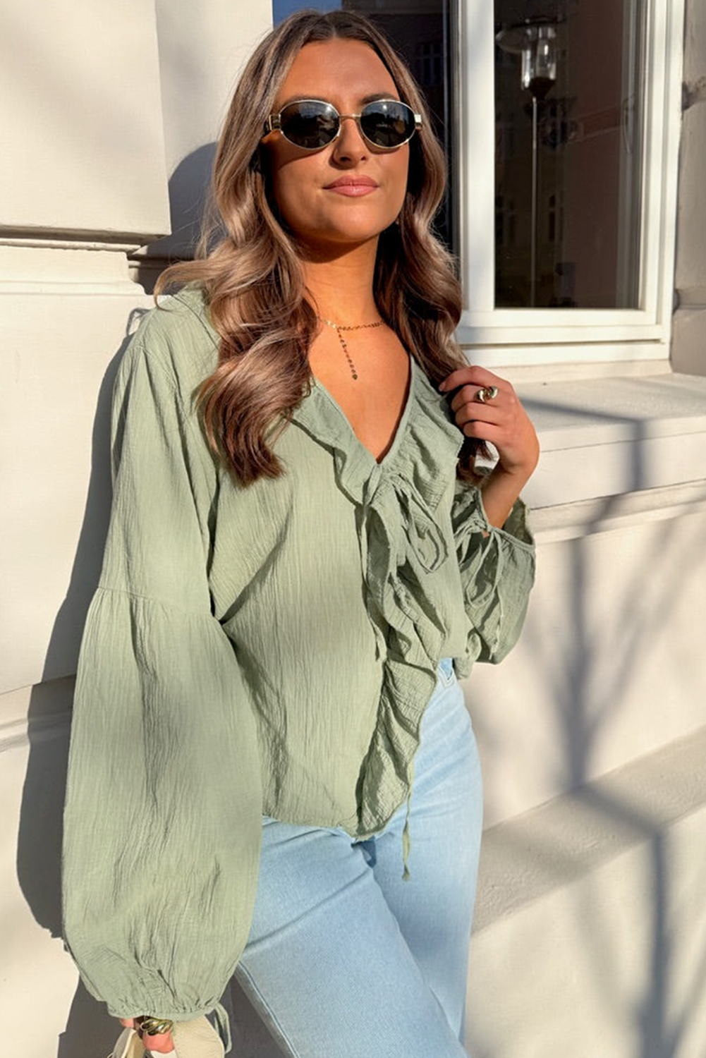 Bow Ruffle Tie Front Trim V-Neck Long-Sleeved Gauze Blouse