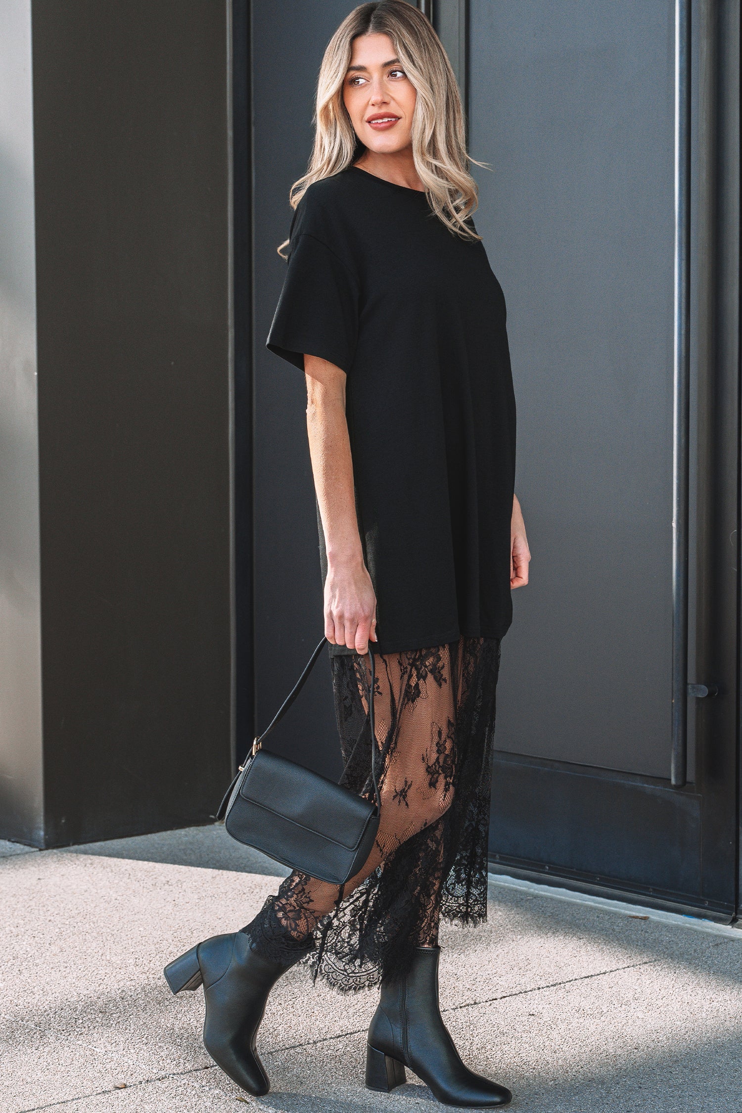 Patchwork Short-Sleeved Floral Short-Sleeved T Shirt Loose Maxi Dress in Black