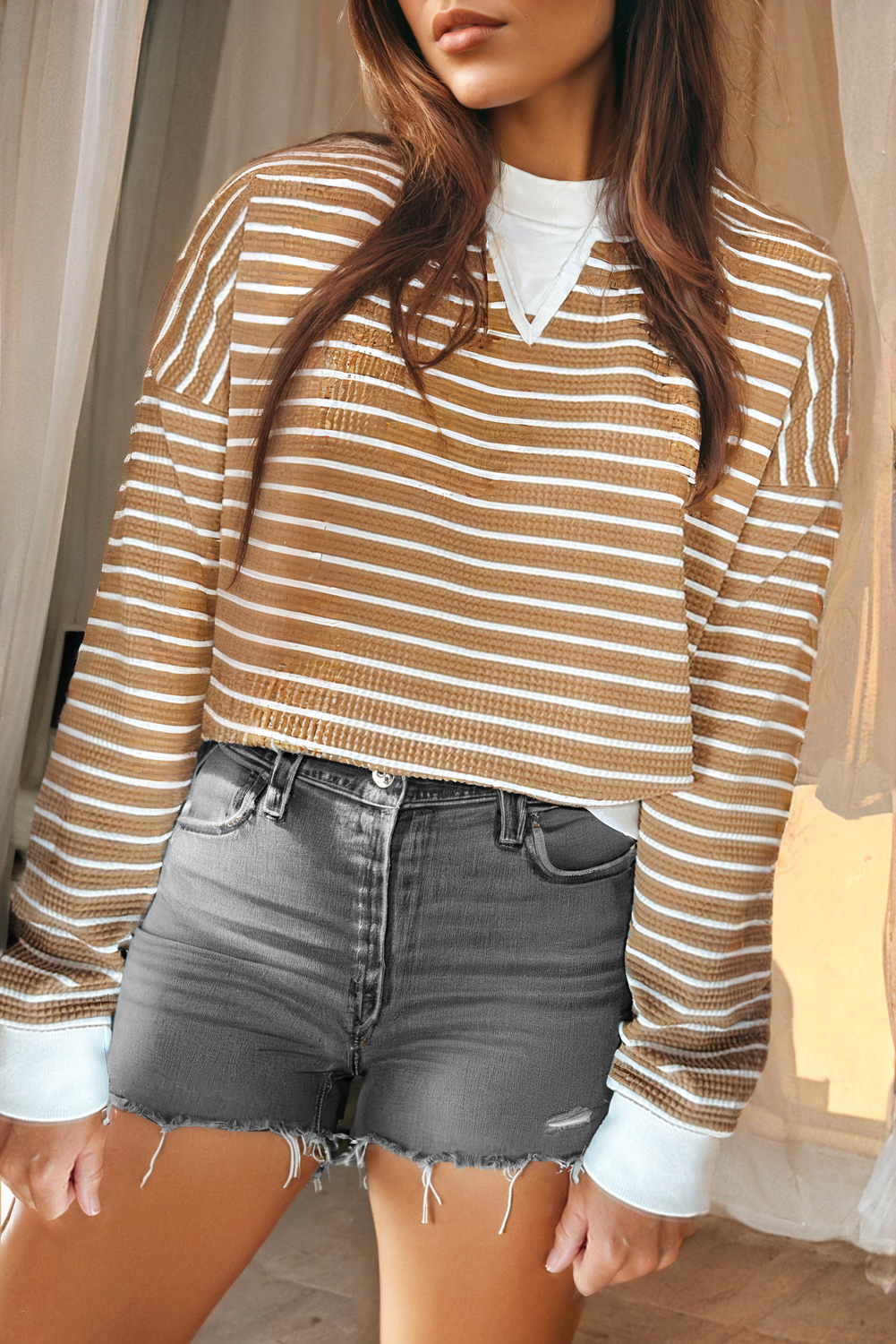 Patched Edge Textured Round Neck Long Sleeve Top