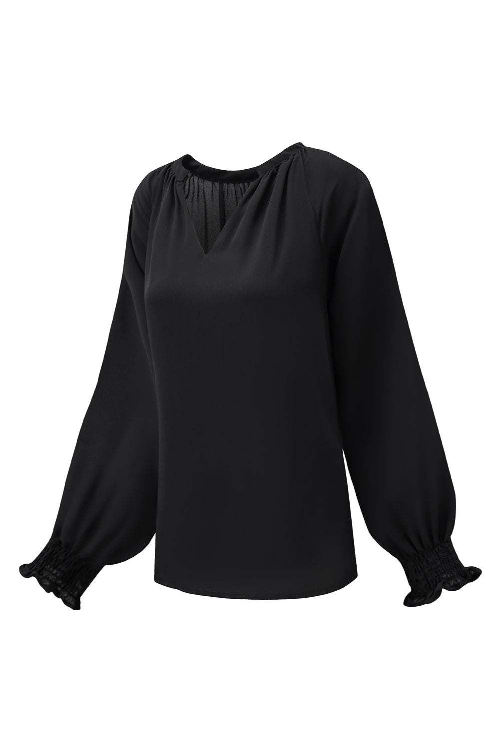 Women's Blouse with Pleat-Detail V Neck Puffy Sleeve