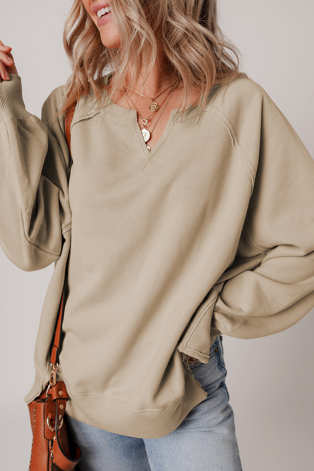 Raw Seam Edge Exposed Raglan Sleeve Side Slit Sweatshirt