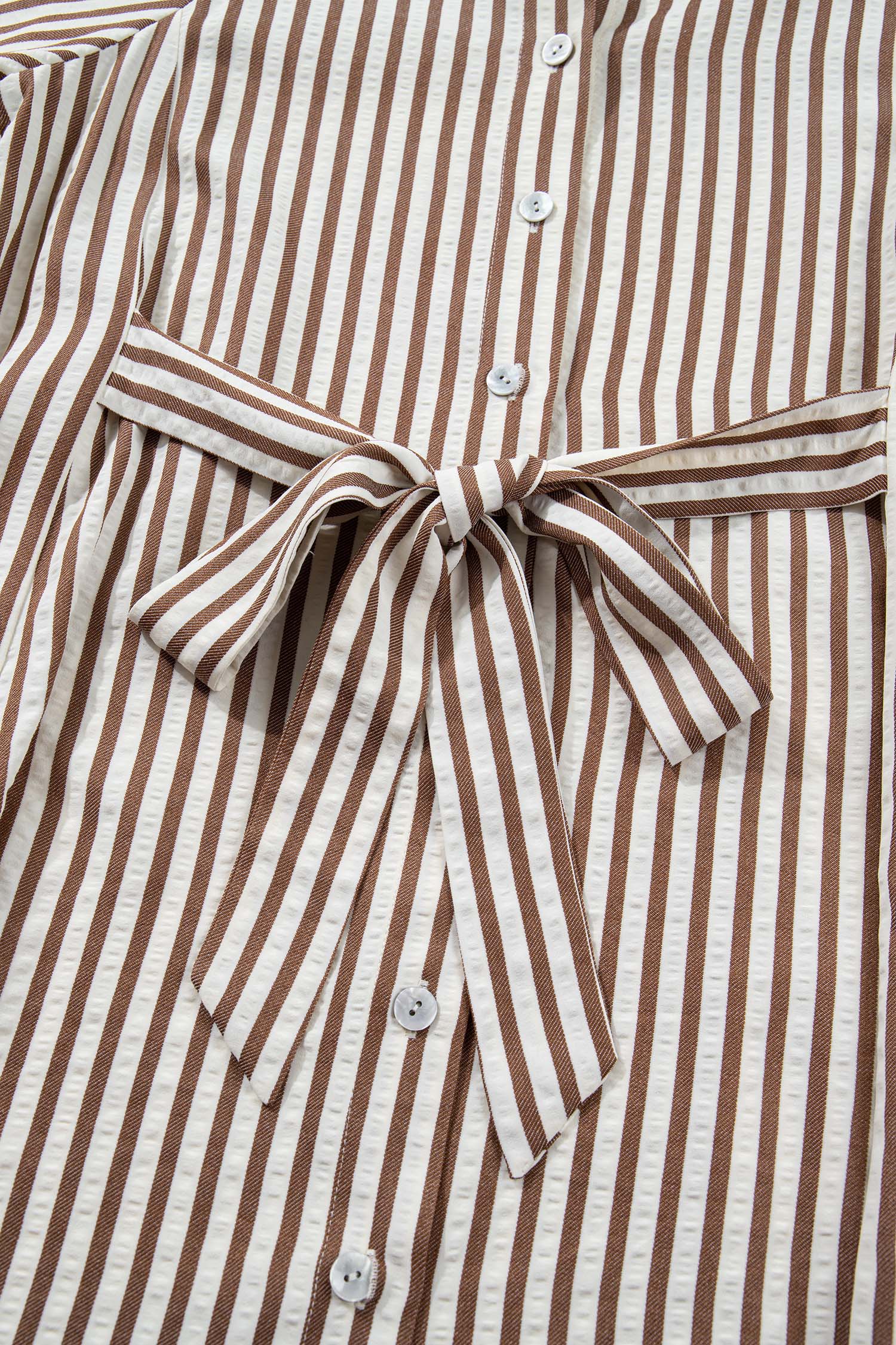 Stripe Knot Waist Button Down Mini Shirt Dress in Brown