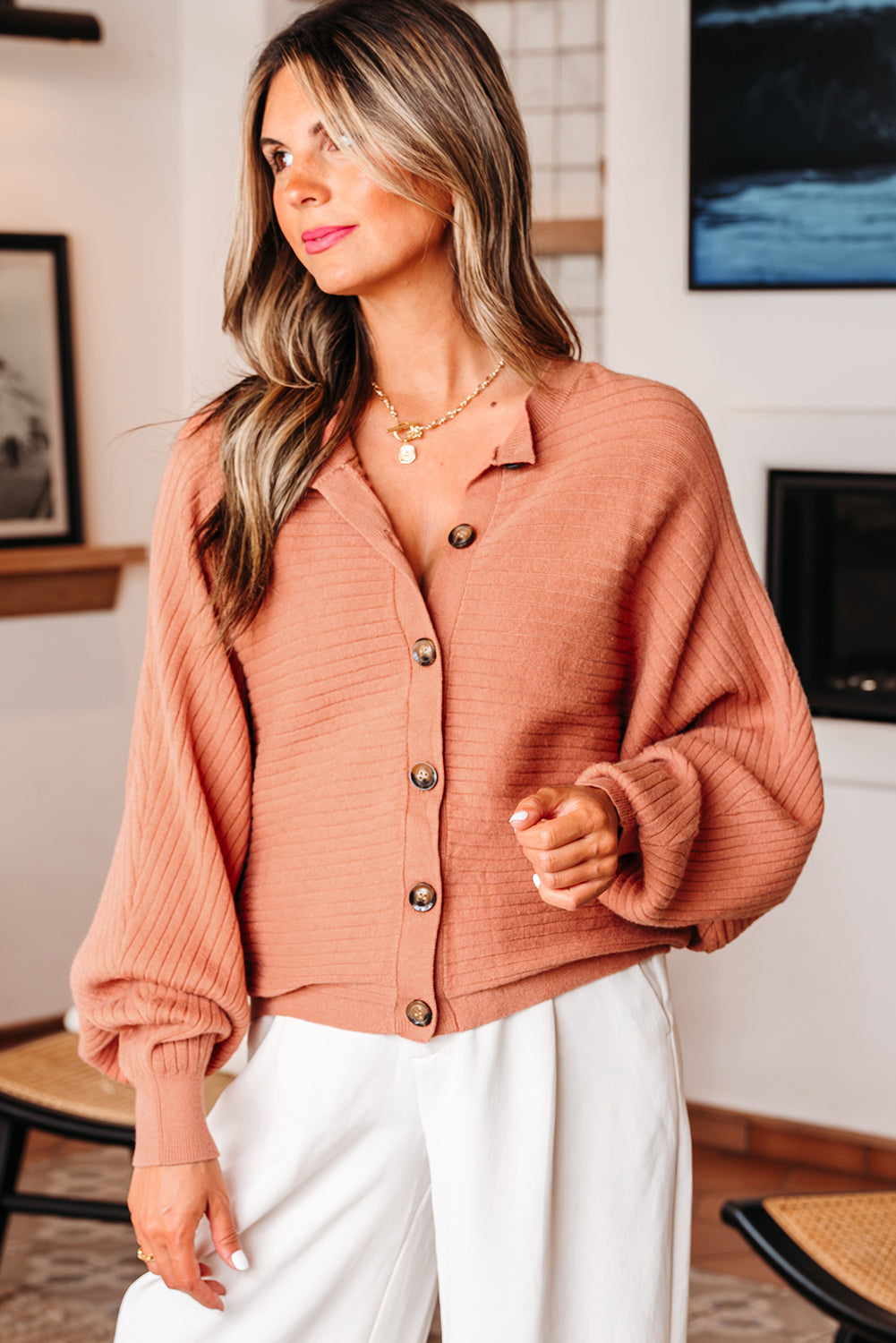 Button Wide Rib-Knit Front Dolman Sleeve Cardigan Knit Top
